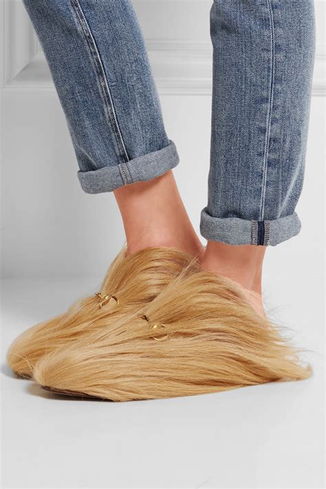 gucci horsebit-detailed goat hair slippers|Gucci Horsebit slippers men.